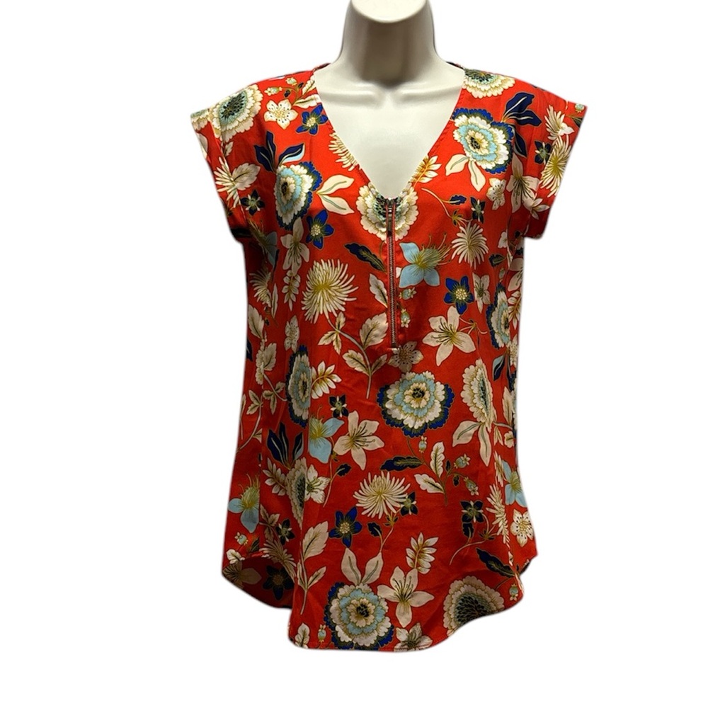 Express Women's Bright Orange Colorful Floral V-Neck w/Zipper Blouse Top Size XS